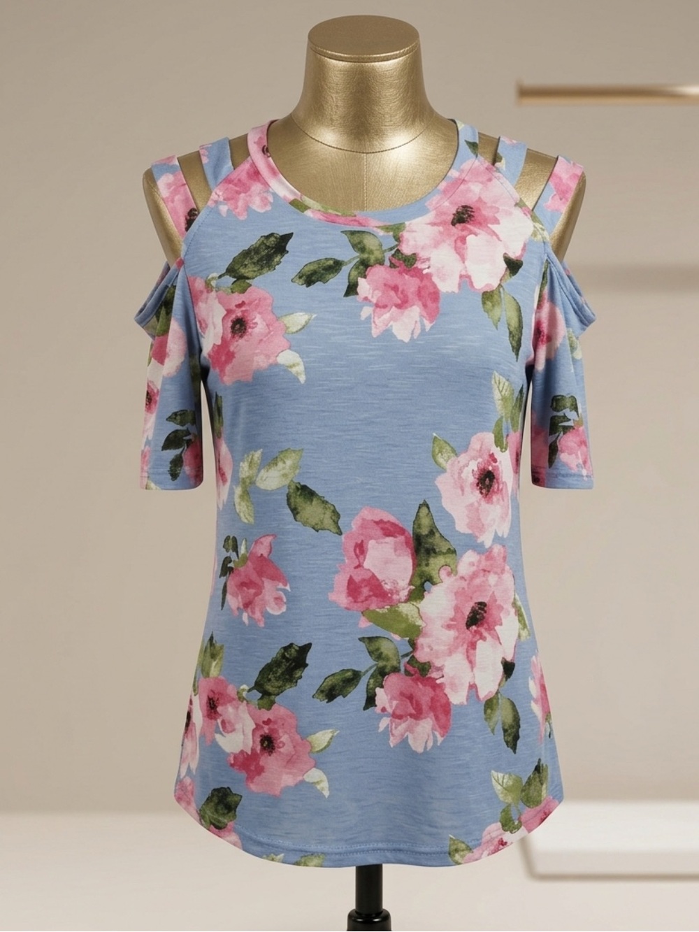 12 Pm By Mon Ami Blue Cold-Shoulder Top with Pink Floral Print